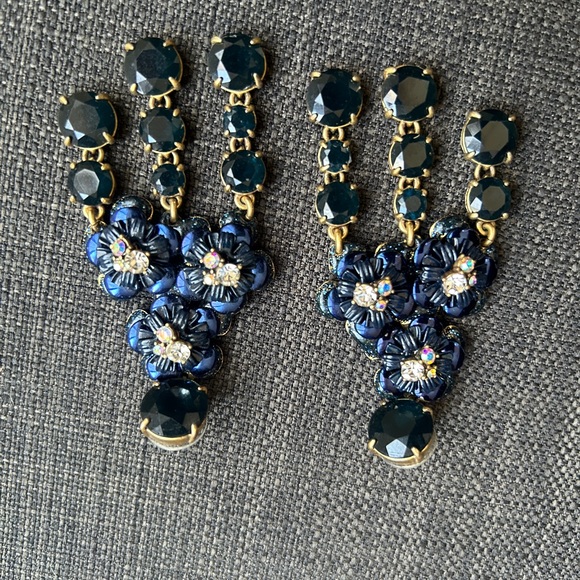 J.Crew Navy Blue Large Dangle Statement Earrings Crystal Rhinestones - Picture 6 of 14
